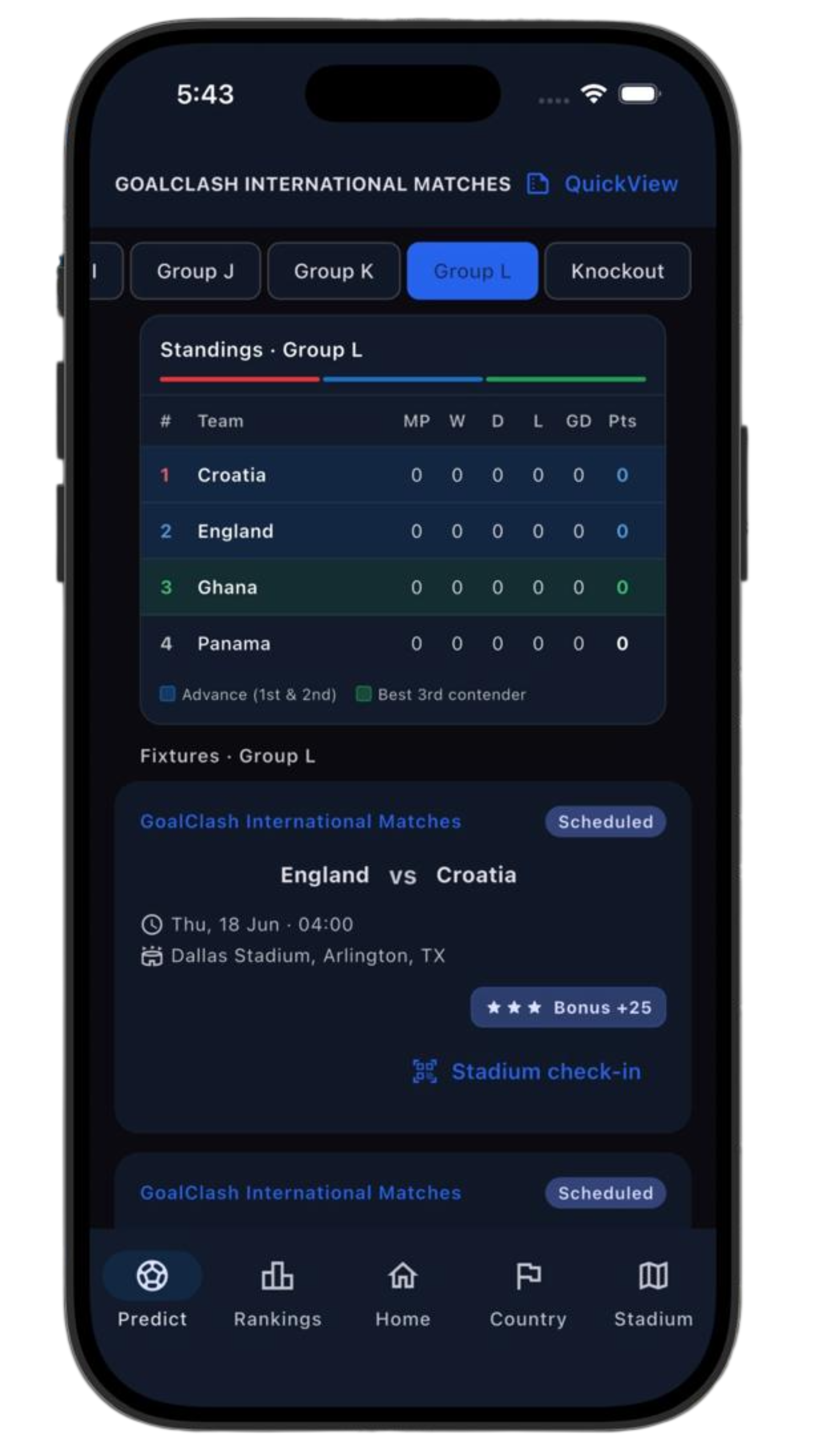 GoalClash groups and fixtures standings